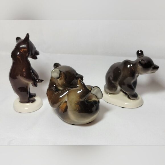 Vintage Lomonosov USSR Set Of 3 Porcelain Brown Bear Figurines - Picture 3 of 15